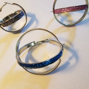 Sparkling Hoop Earrings Set - Blue, Pink, Silver